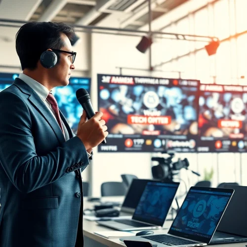 Cover tech news updates with a dynamic journalist in a modern newsroom environment.
