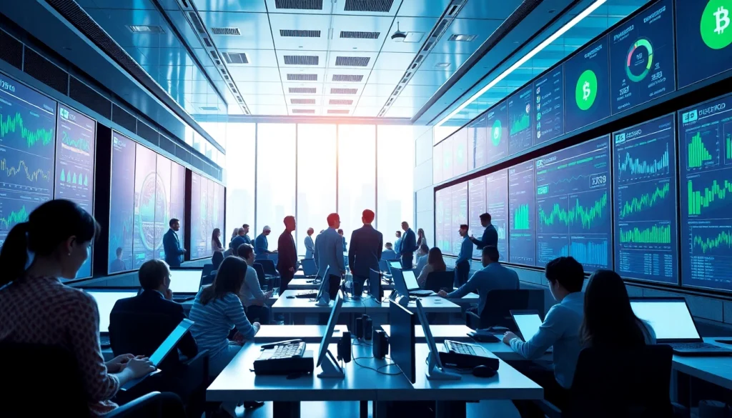 Dynamic scene of individuals engaging in cloud mining within a modern office filled with high-tech devices.