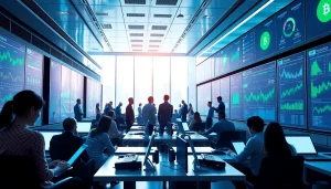 Dynamic scene of individuals engaging in cloud mining within a modern office filled with high-tech devices.