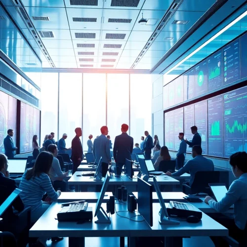 Dynamic scene of individuals engaging in cloud mining within a modern office filled with high-tech devices.