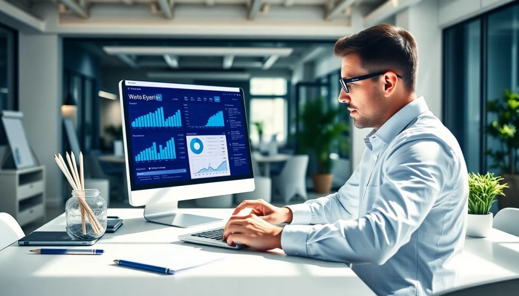 Analyze website data effectively on https://www.fire85.com with a marketing expert in a modern office.