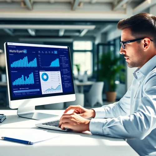 Analyze website data effectively on https://www.fire85.com with a marketing expert in a modern office.