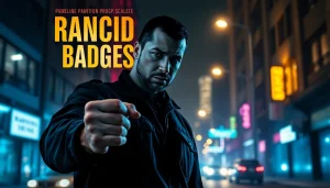 Engaging illustration of Rancid Badges cover featuring a beat cop in a suspenseful urban setting.
