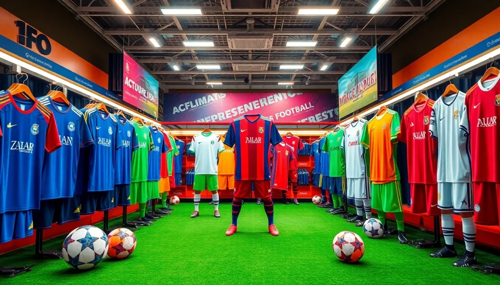 Shop vibrant football kits featuring various styles and colors for fans and players.