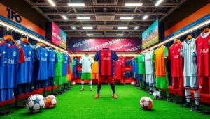 Shop vibrant football kits featuring various styles and colors for fans and players.