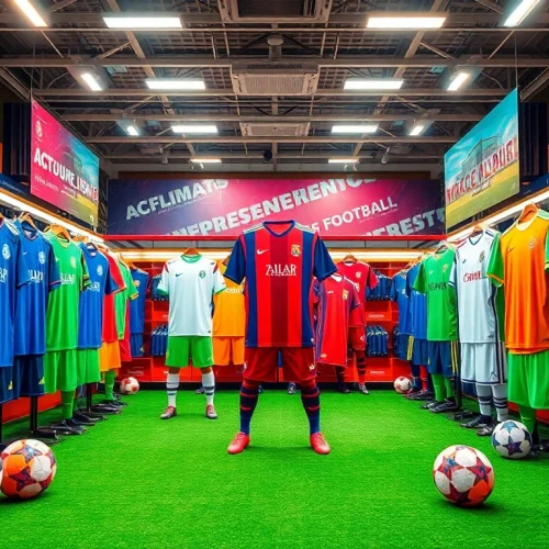 Shop vibrant football kits featuring various styles and colors for fans and players.
