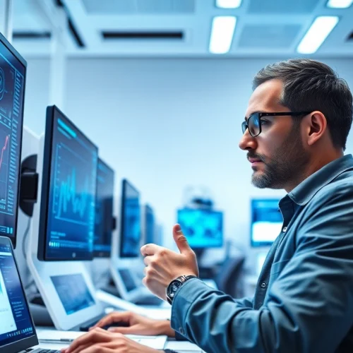 Engaging visual of an engineer utilizing advanced Technology in a vibrant tech lab.