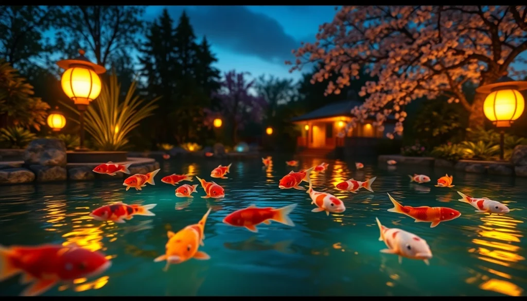 Permainan koi800 login game dengan suasana tenang dan kolam koi berwarna-warni.