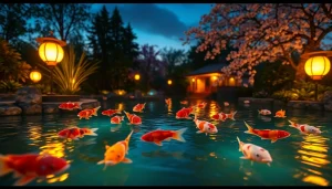 Permainan koi800 login game dengan suasana tenang dan kolam koi berwarna-warni.