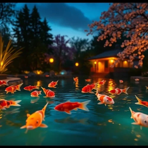 Permainan koi800 login game dengan suasana tenang dan kolam koi berwarna-warni.