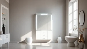 Entdecken Sie den eleganten Spiegelschrank mit LED Beleuchtung für moderne Badezimmergestaltung.