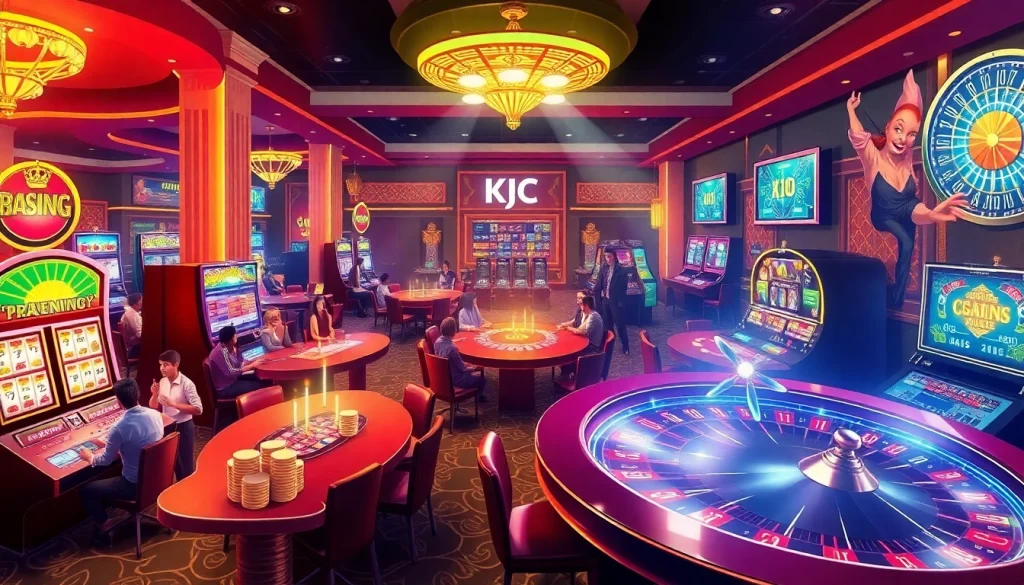 KJC AC 2 features a lively casino atmosphere with slot machines, poker chips, and roulette wheels, highlighting thrilling gaming experiences.