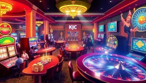 KJC AC 2 features a lively casino atmosphere with slot machines, poker chips, and roulette wheels, highlighting thrilling gaming experiences.