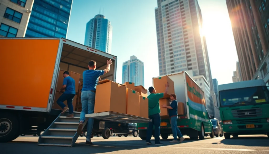 Toronto movers efficiently unloading a truck in a vibrant urban setting.