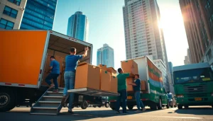Toronto movers efficiently unloading a truck in a vibrant urban setting.