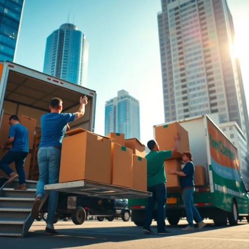 Toronto movers efficiently unloading a truck in a vibrant urban setting.