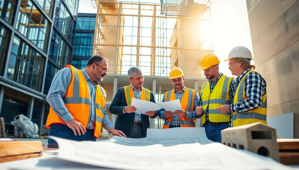 Building companies near me collaborating on construction in a vibrant urban setting.