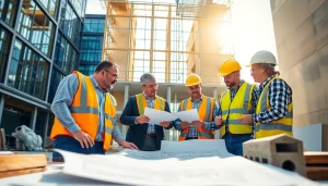 Building companies near me collaborating on construction in a vibrant urban setting.