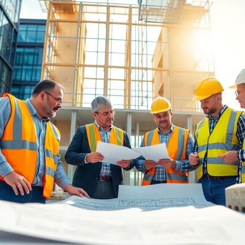 Building companies near me collaborating on construction in a vibrant urban setting.