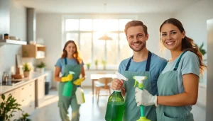 Efficient cleaning service team transforming a bright modern home into a spotless environment.