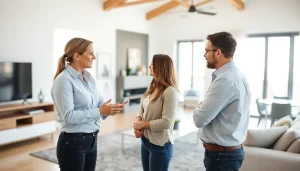 Real Estate agent presenting a modern home interior to engaged buyers in a bright setting.