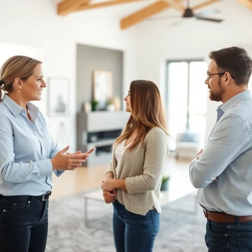 Real Estate agent presenting a modern home interior to engaged buyers in a bright setting.