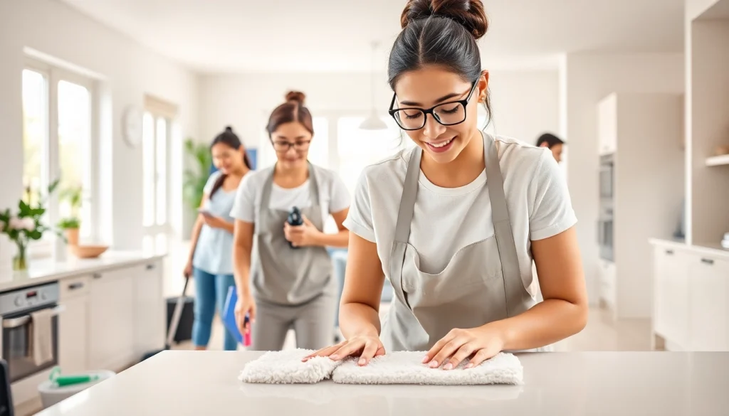 Cleaning Service team actively sanitizing a modern home space, showcasing professionalism and thoroughness.