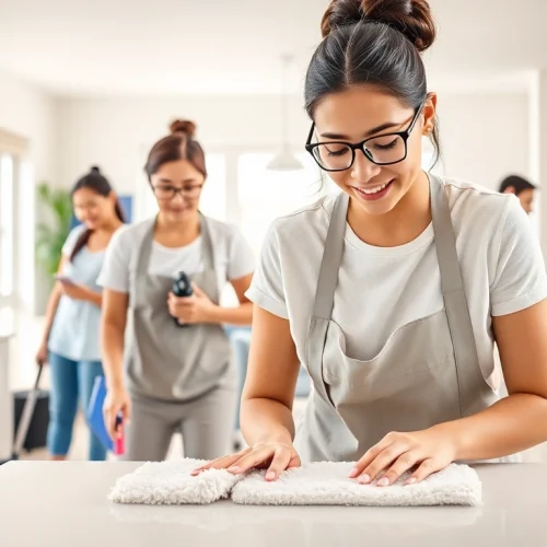 Cleaning Service team actively sanitizing a modern home space, showcasing professionalism and thoroughness.