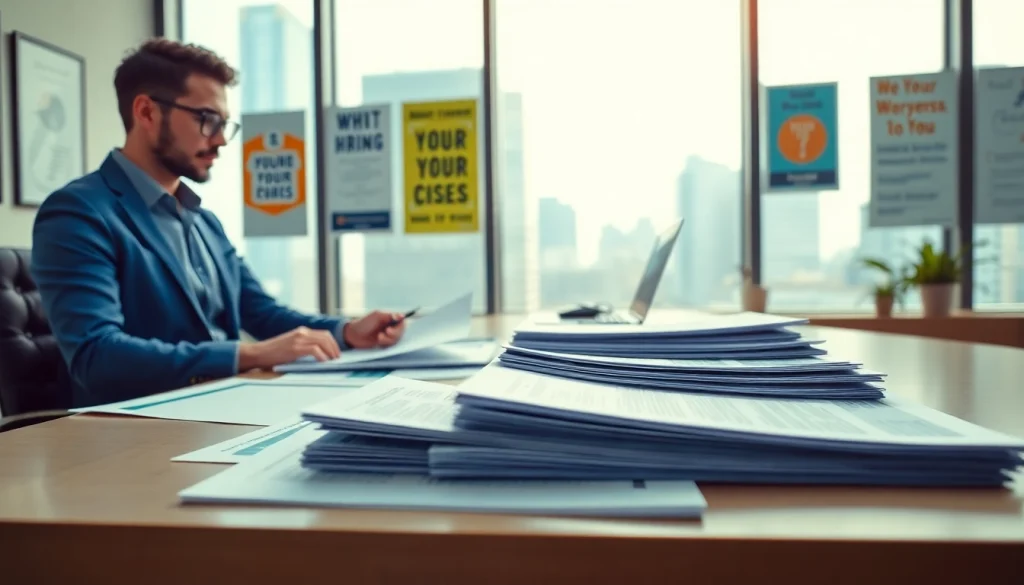 Engaging scene of free job post resumes being reviewed in a modern office setting.
