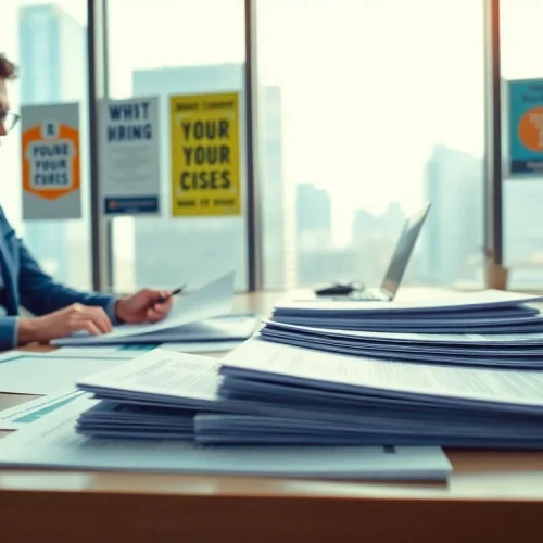 Engaging scene of free job post resumes being reviewed in a modern office setting.