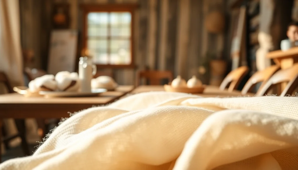 Ongebleekt katoen met natuurlijke kleuren en zachte textuur op een rustieke tafel.