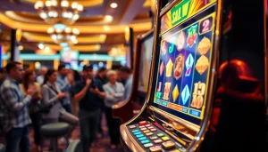Menggambarkan mesin slot luxury333 yang glamor dengan grafis cerah dan pemain penuh semangat.