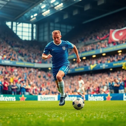 Watch Alan Shearer showcase his iconic football skills at https://diknews.co.uk/alan-shearer/ with energized fans in the background.
