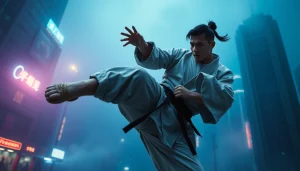 Martial Arts Thriller featuring a skilled fighter demonstrating a high-flying kick in a vibrant urban backdrop.