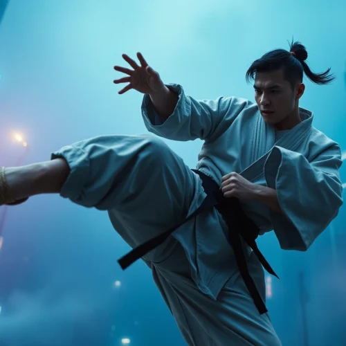 Martial Arts Thriller featuring a skilled fighter demonstrating a high-flying kick in a vibrant urban backdrop.