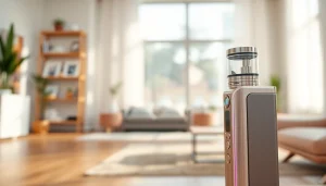 Vape-Gerät mit modernem Design und leuchtenden Farben in entspannter Umgebung.