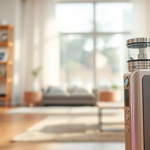 Vape-Gerät mit modernem Design und leuchtenden Farben in entspannter Umgebung.