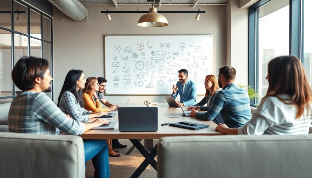 SEO company professionals brainstorming strategies in a modern office setting.