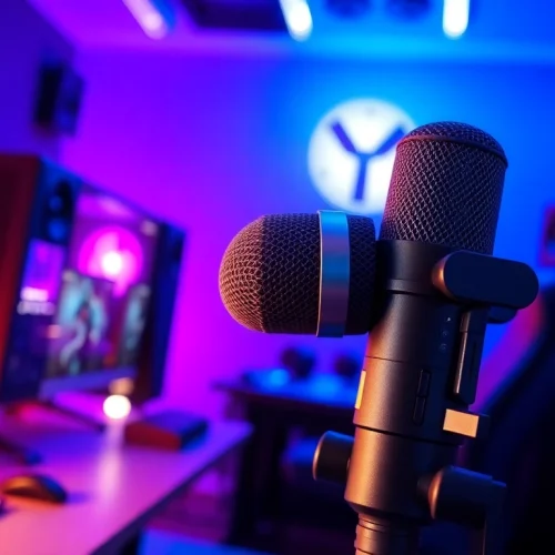 MV 88 microphone showcased in a modern gaming studio with vibrant lighting and high-end gear.