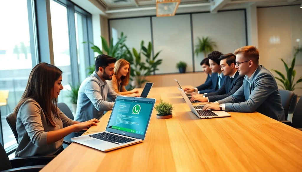 Showcasing a collaborative team integrating the whatsapp api in a modern office.