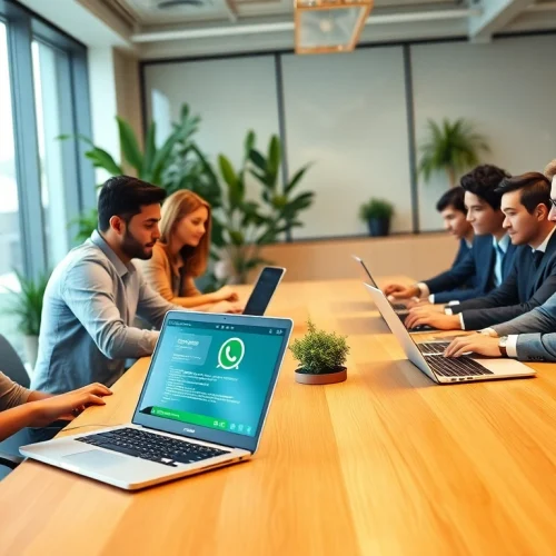 Showcasing a collaborative team integrating the whatsapp api in a modern office.