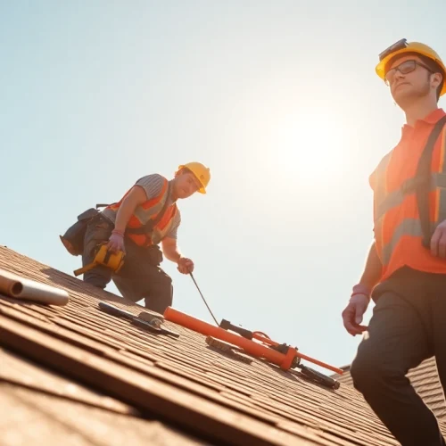 Twin Shield Roofing team expertly installing a new roof on a sunny day.