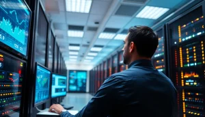 Enhance server management efficiency with a focused technician monitoring systems in a modern data center.