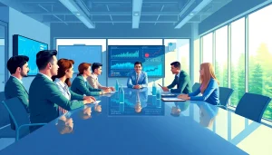 Brainstorming session for Good Wolf Marketing with diverse professionals in a modern office.