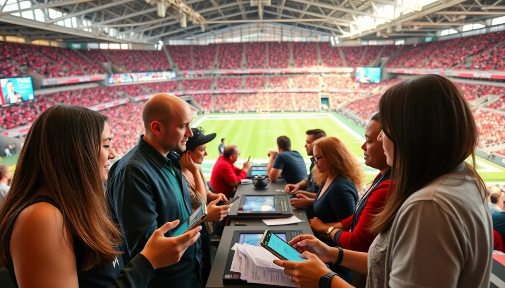 Engage in sports betting in California with dynamic participants in a vibrant stadium setting.
