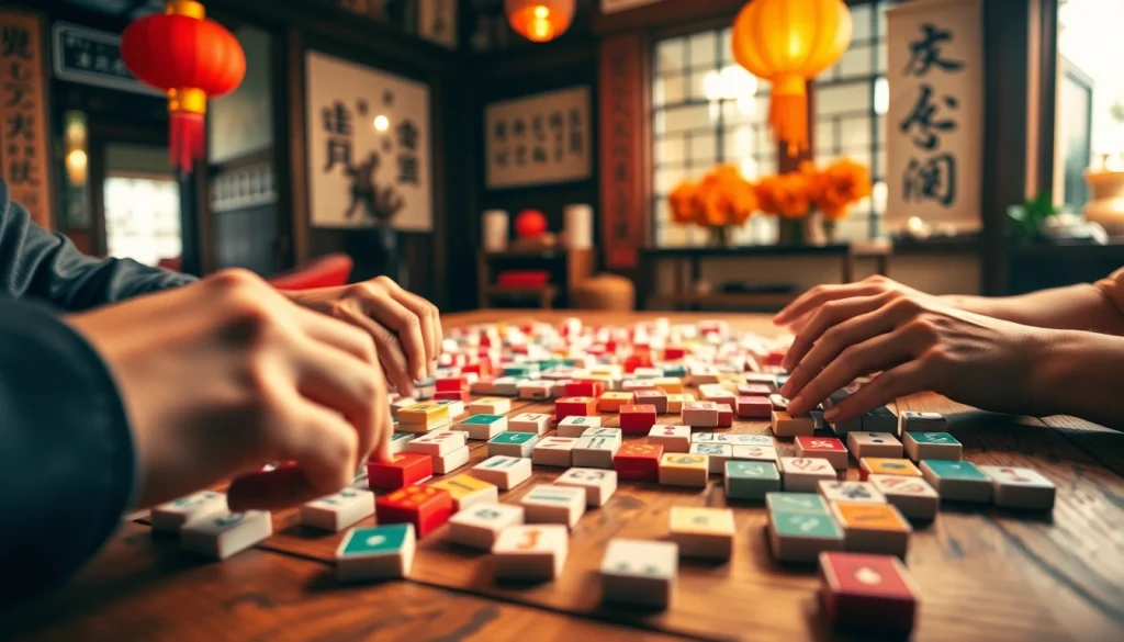 Mainkan mahjong dengan penuh strategi di meja kayu yang hangat dan dekorasi yang menyenangkan.