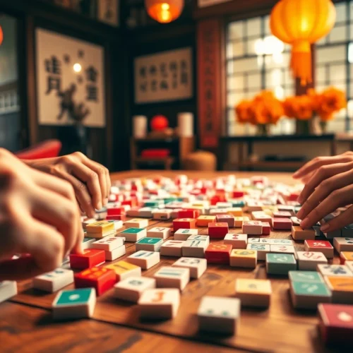 Mainkan mahjong dengan penuh strategi di meja kayu yang hangat dan dekorasi yang menyenangkan.