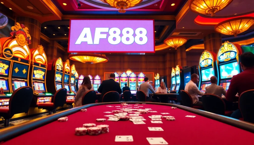Experience TẢI AF88 with a vibrant casino atmosphere showcasing slot machines and poker excitement.