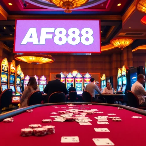 Experience TẢI AF88 with a vibrant casino atmosphere showcasing slot machines and poker excitement.