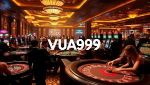VUA99 casino ambiance with players enjoying roulette and poker games in an upscale setting.